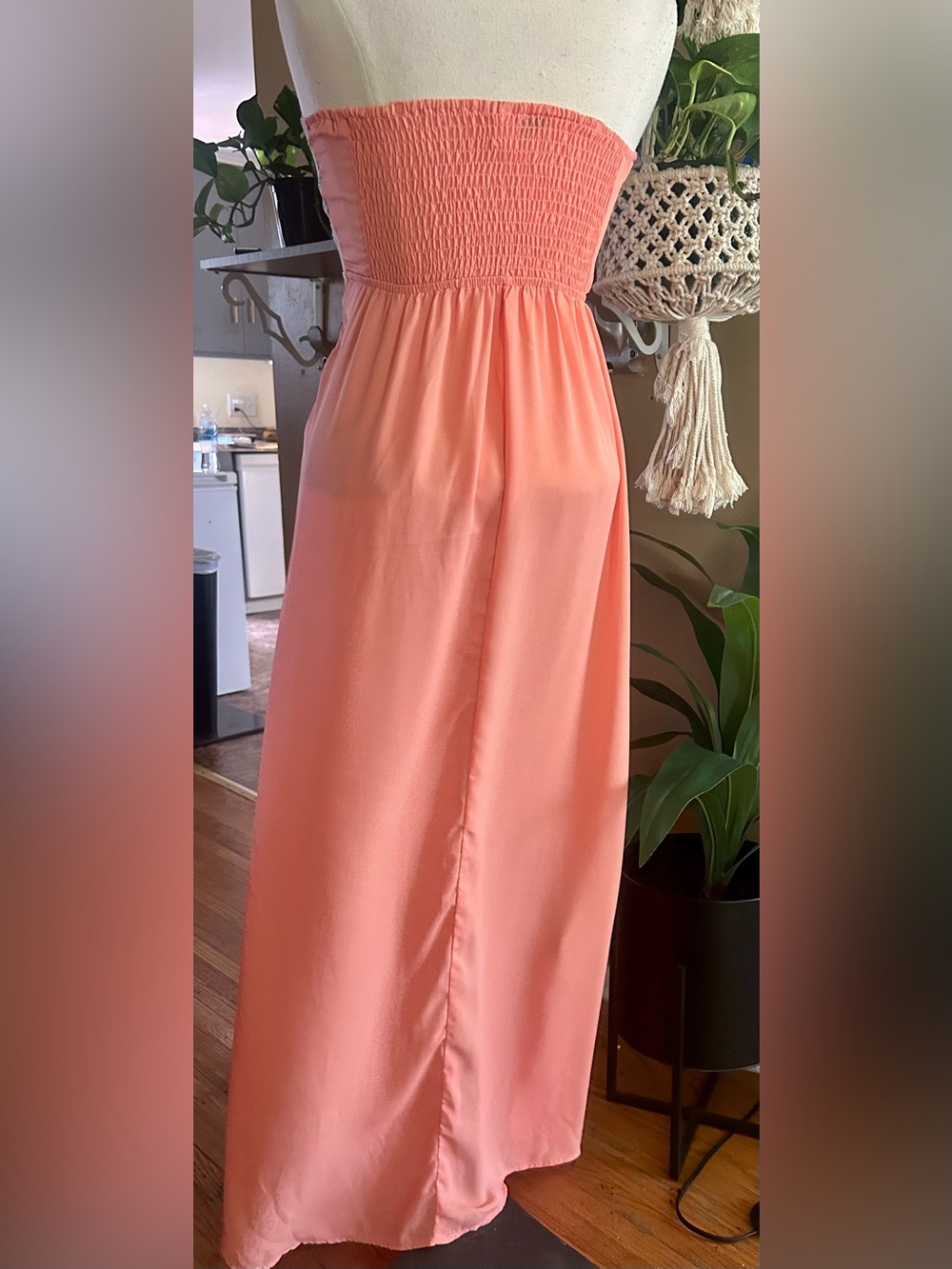 Strapless Coral Dress with Multicolor Embroidered V-Neck - Picture 2 of 11